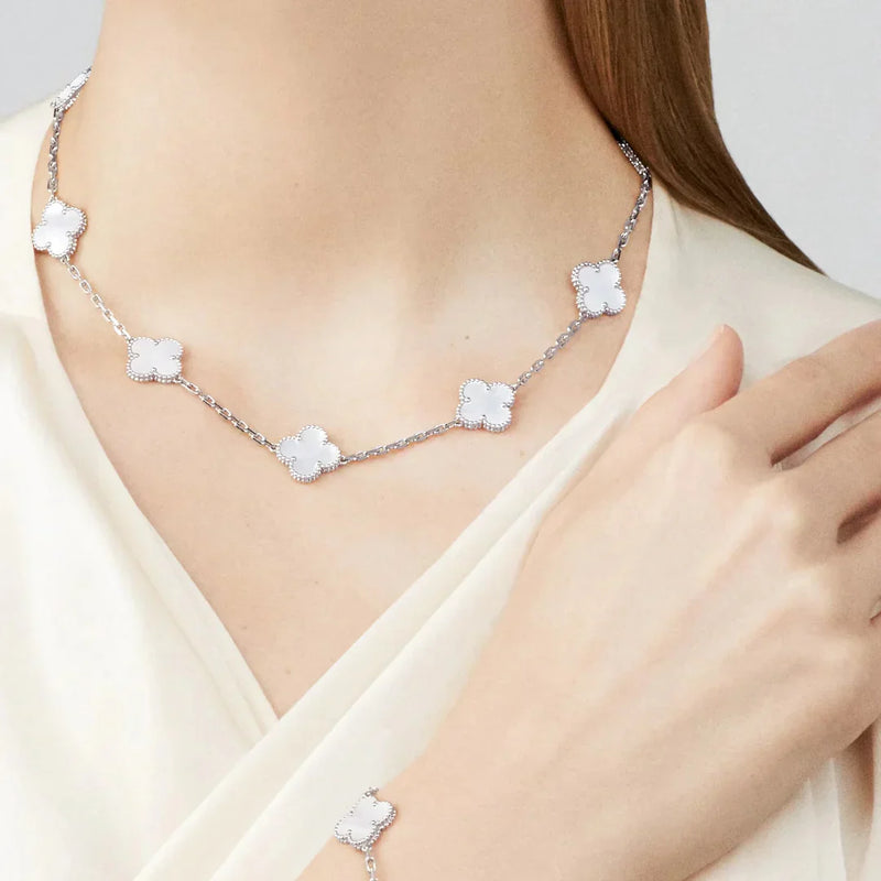 Clover Motif Long Necklace White Gold