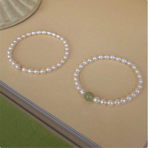 Natural Fresh Water Pearl Stretch Bracelet with Single Light Green Jade Bead or Gold Bead