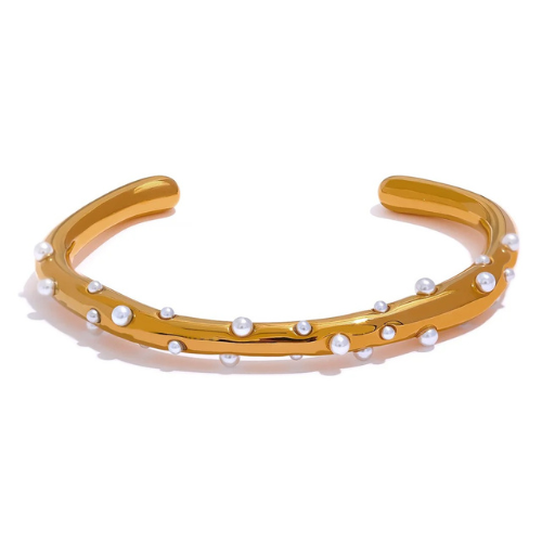 Gold-Toned Stainless Steel Open Cuff Bracelet Adorned with Sophisticated Faux Pearls