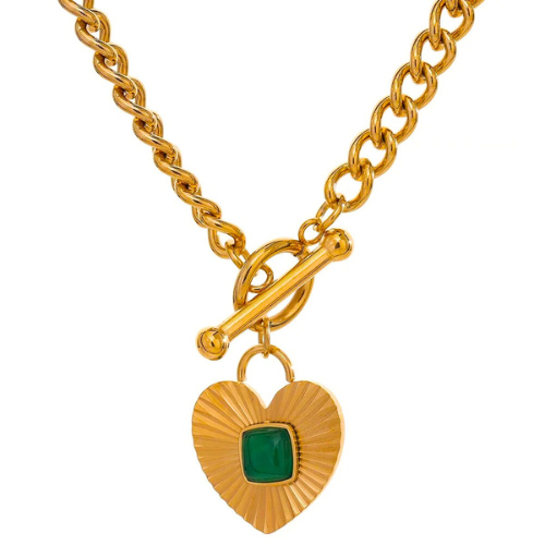 Heart Chain Pendant With Green Stone