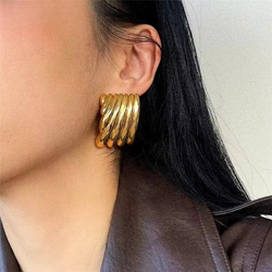 Metal Square Striped Wave Large Stud Earrings