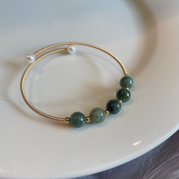 Minimalist 14k Gold Filled Adjustable Dark Green Jade Bangle