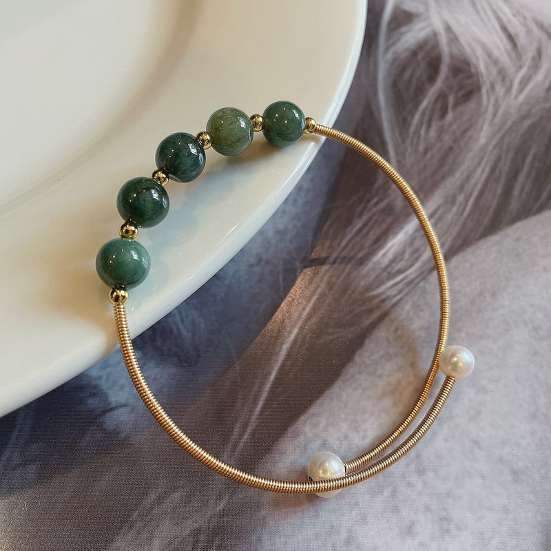 Minimalist 14k Gold Filled Adjustable Dark Green Jade Bangle