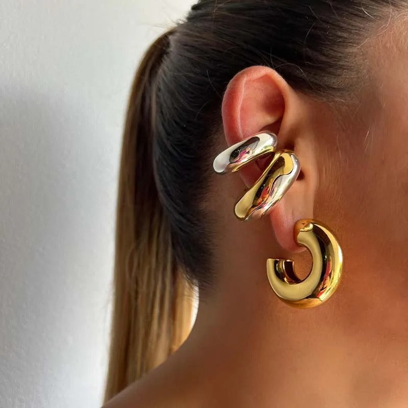 Chunky Stainless Steel Ear Clip Earrings Punk-inspired Gold Accent for Women