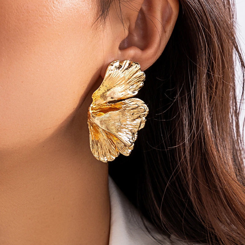 Gold-Colored Geometric Metal Petal Flower Stud Earrings