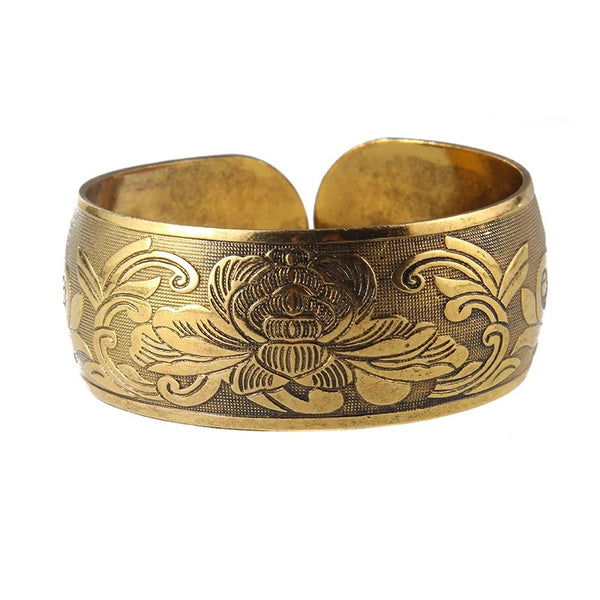 Vintage-inspired Brass Gypsy Bracelet with Floral Elephant Carving