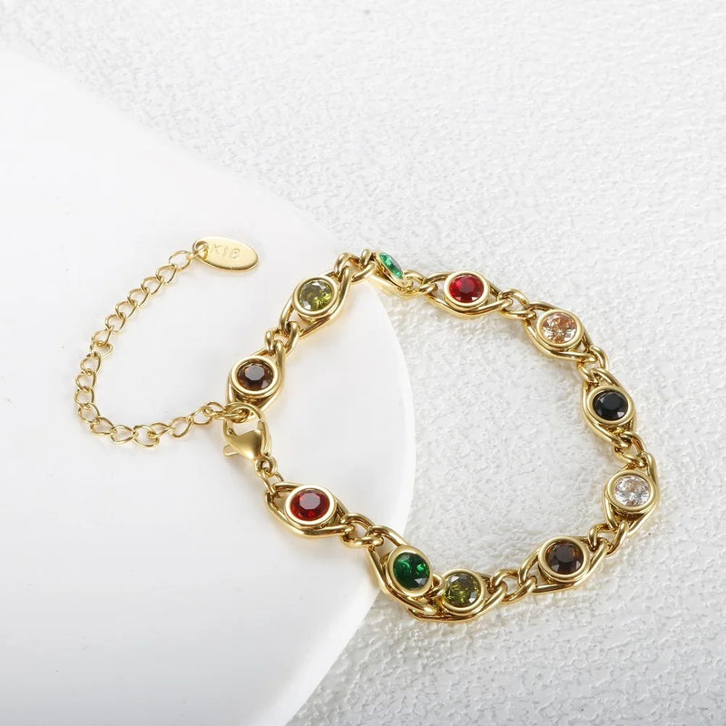 Radiant Zircon Bracelet: Stainless Steel with Gold Plating, Vibrant Colors, Perfect for Women