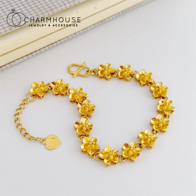 Flower Chain Bangle: Women's Gold-Plated Charm Bracelet - Elegant Wedding Jewelry