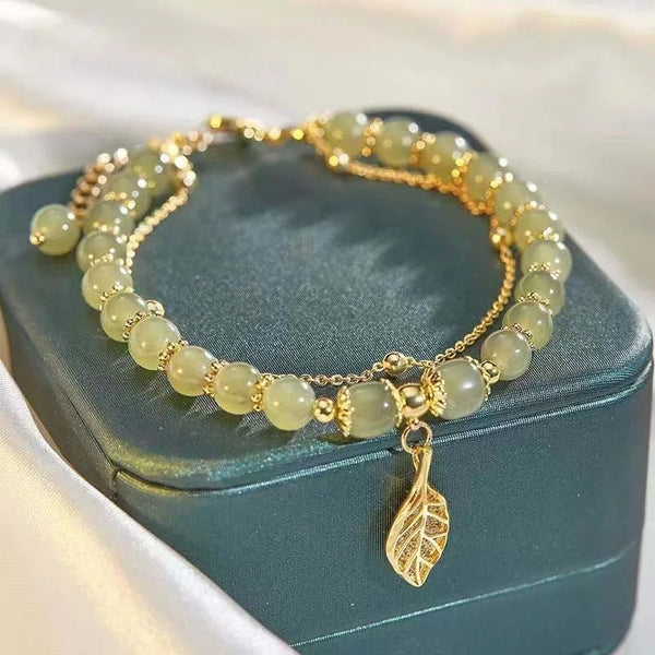 Vintage Gold-Color Double Layer Beaded Bracelet with Chinese Style Green Hetian Jade