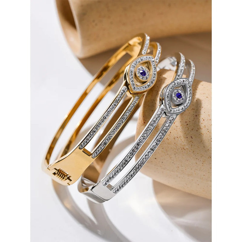 Stainless Steel Fashion Bracelet Bangle with Cubic Zirconia Eye, 18K Gold Plated