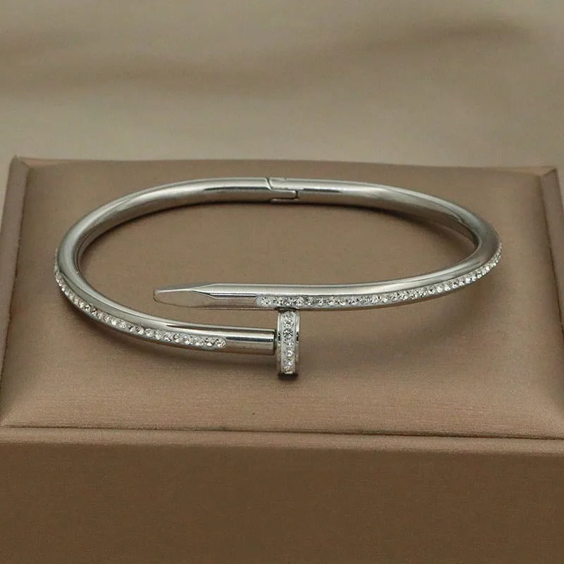 Zircon-Adorned Stainless Steel Bangle Bracelet