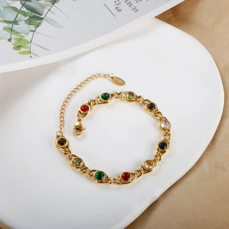 Radiant Zircon Bracelet: Stainless Steel with Gold Plating, Vibrant Colors, Perfect for Women