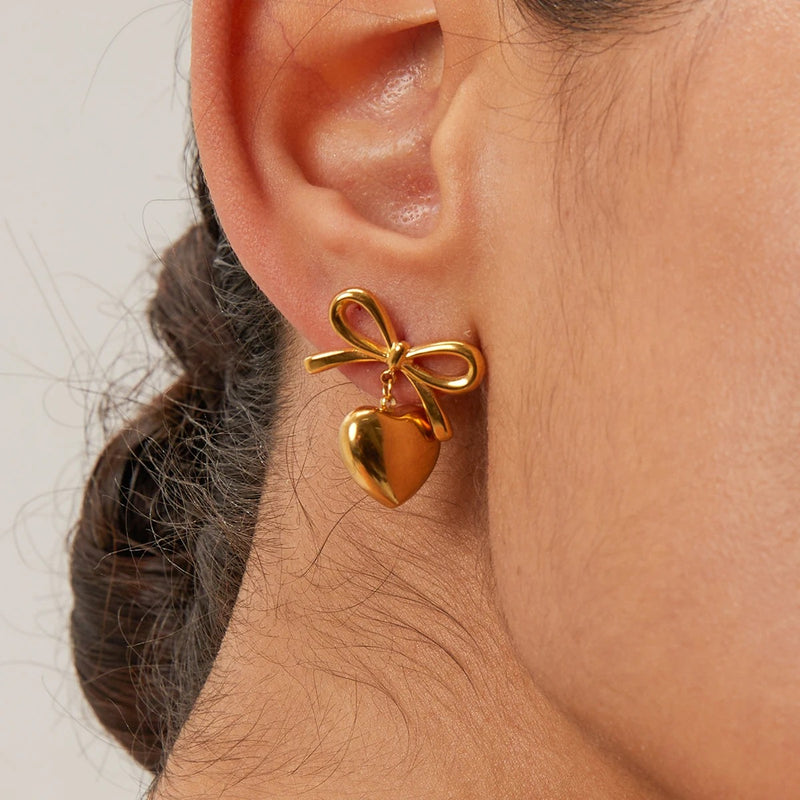 Elegant Bow Heart Pendant Earrings in Waterproof Stainless Steel for Women