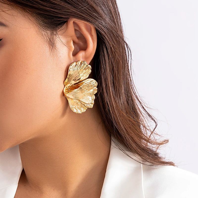 Gold-Colored Geometric Metal Petal Flower Stud Earrings