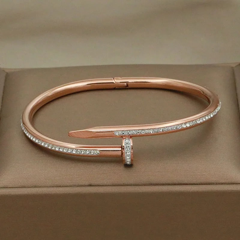 Zircon-Adorned Stainless Steel Bangle Bracelet