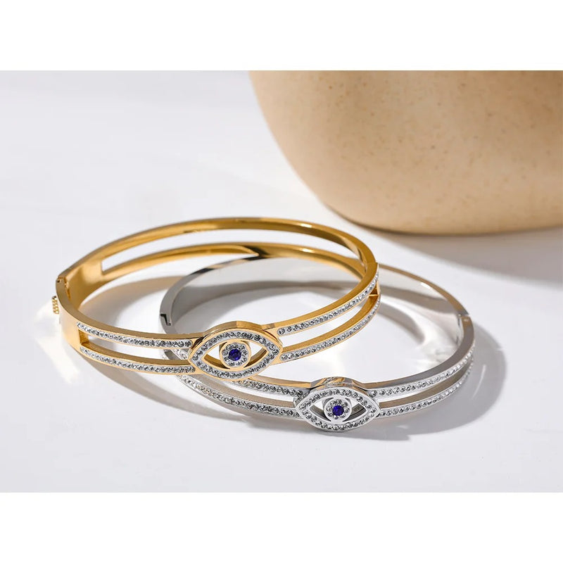 Stainless Steel Fashion Bracelet Bangle with Cubic Zirconia Eye, 18K Gold Plated