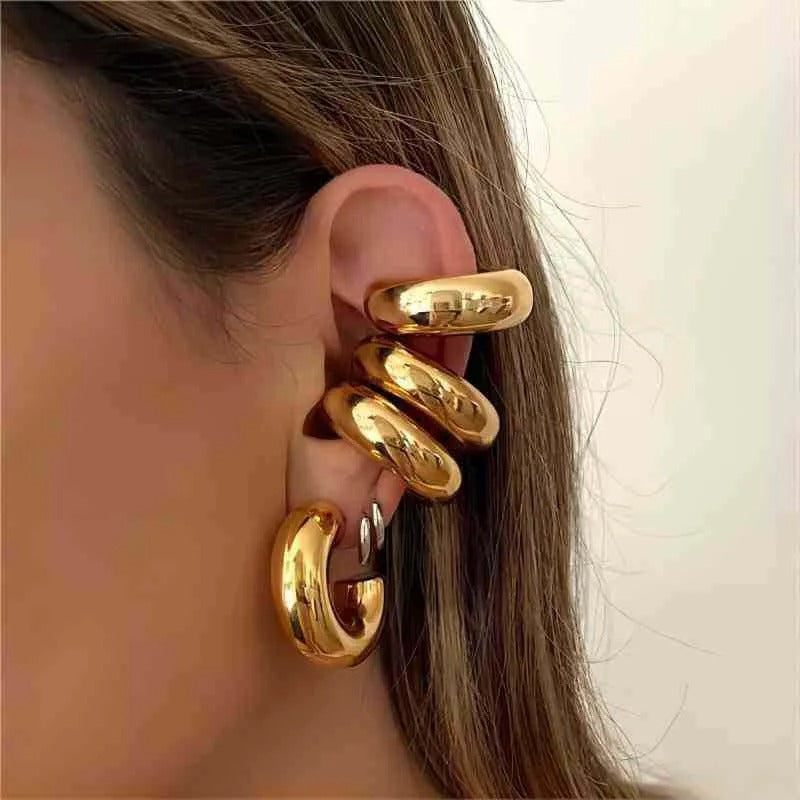 Chunky Stainless Steel Ear Clip Earrings Punk-inspired Gold Accent for Women