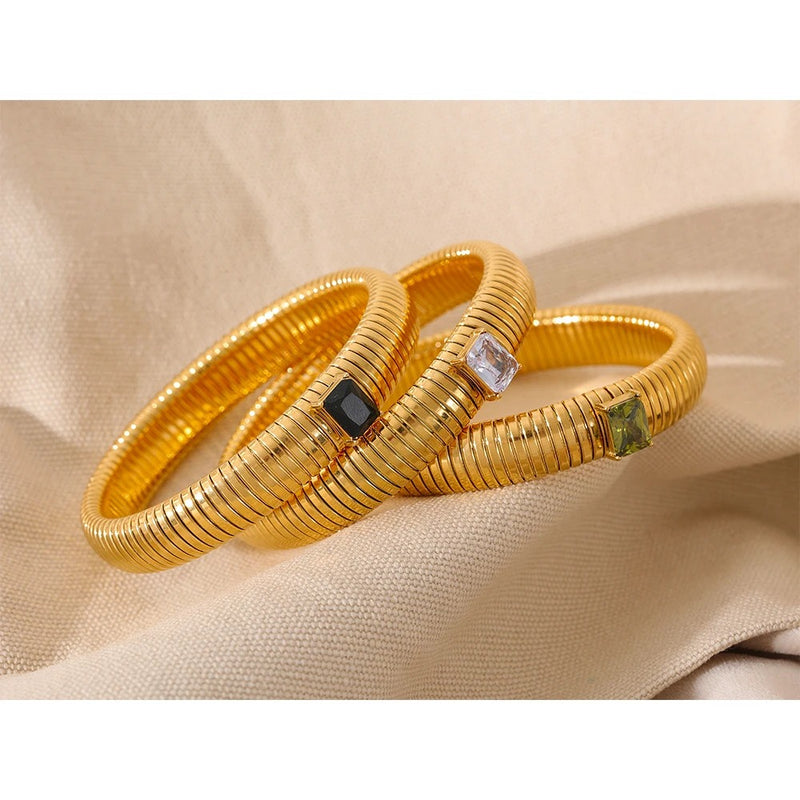 18K Gold Plated Stainless Steel Wide Bracelet Bangle with Elasticity Chain and Cubic Zirconia