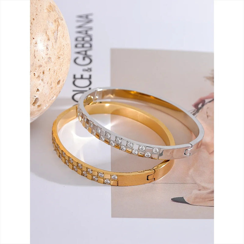 Gleaming Cubic Zirconia Wide Stainless Steel Bracelet Bangle