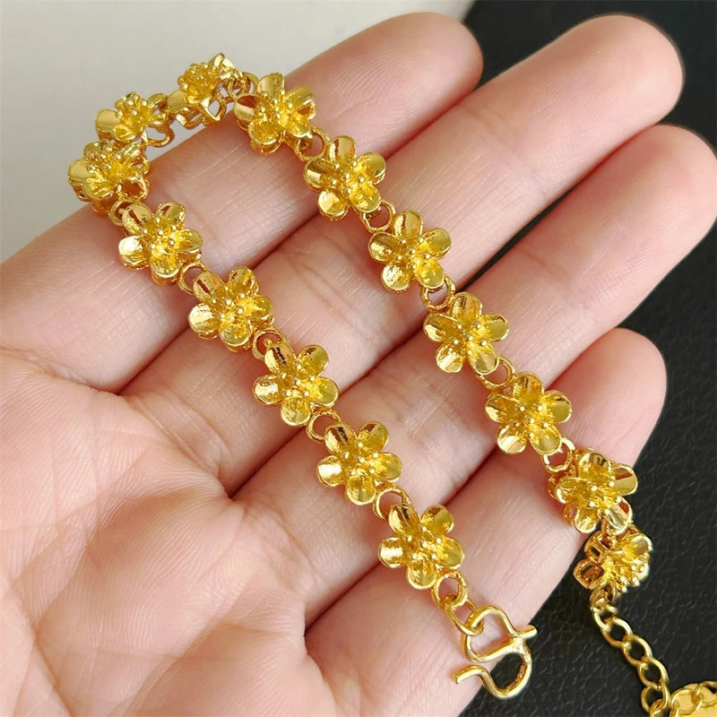 Flower Chain Bangle: Women's Gold-Plated Charm Bracelet - Elegant Wedding Jewelry