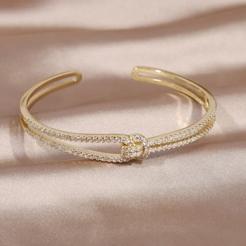 Exquisite 4K Real Gold-Plated Bracelet with AAA Luxury Full Zircon Knot Detail - Elegant and Adjustable