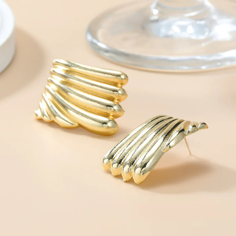 Metal Square Striped Wave Large Stud Earrings