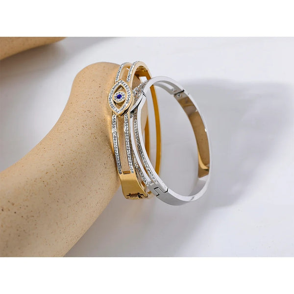 Stainless Steel Fashion Bracelet Bangle with Cubic Zirconia Eye, 18K Gold Plated