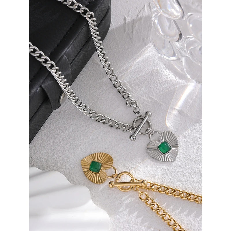 Heart Chain Pendant With Green Stone