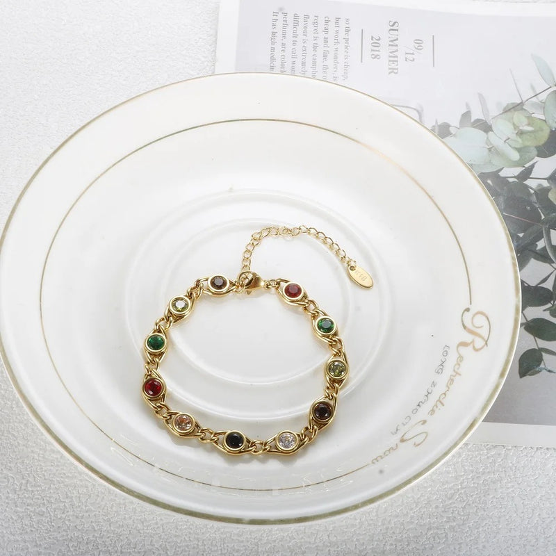 Radiant Zircon Bracelet: Stainless Steel with Gold Plating, Vibrant Colors, Perfect for Women