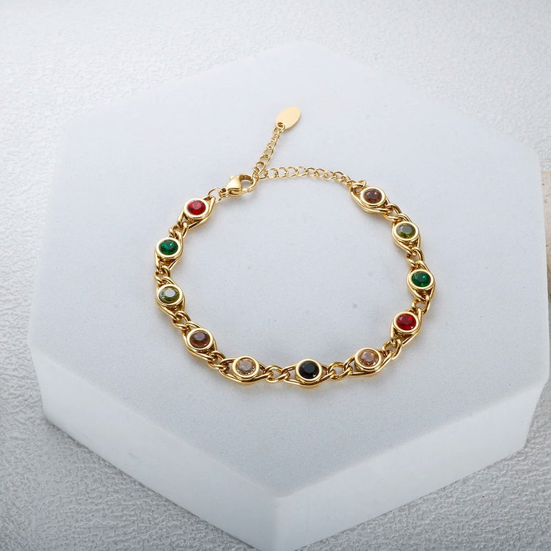 Radiant Zircon Bracelet: Stainless Steel with Gold Plating, Vibrant Colors, Perfect for Women