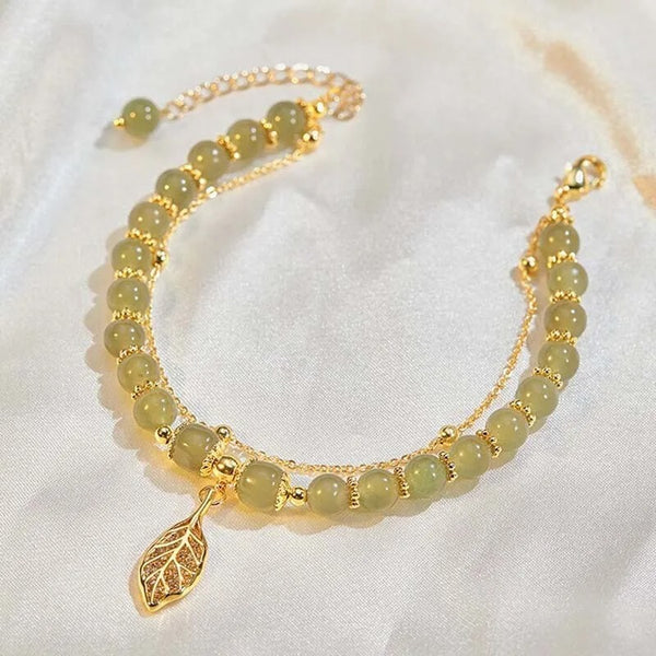 Vintage Gold-Color Double Layer Beaded Bracelet with Chinese Style Green Hetian Jade