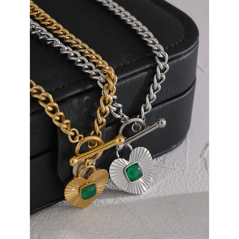 Heart Chain Pendant With Green Stone