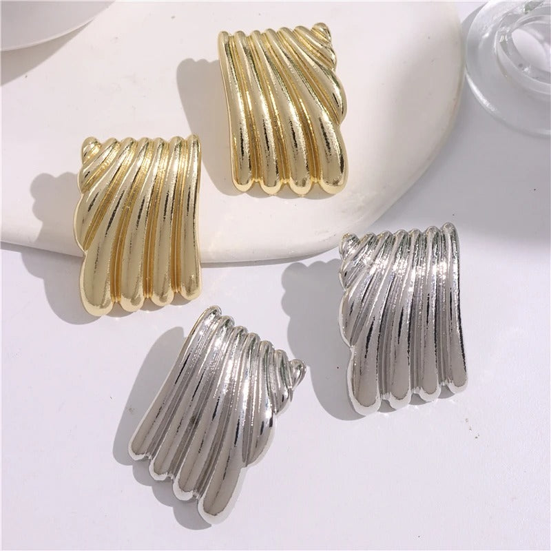 Metal Square Striped Wave Large Stud Earrings