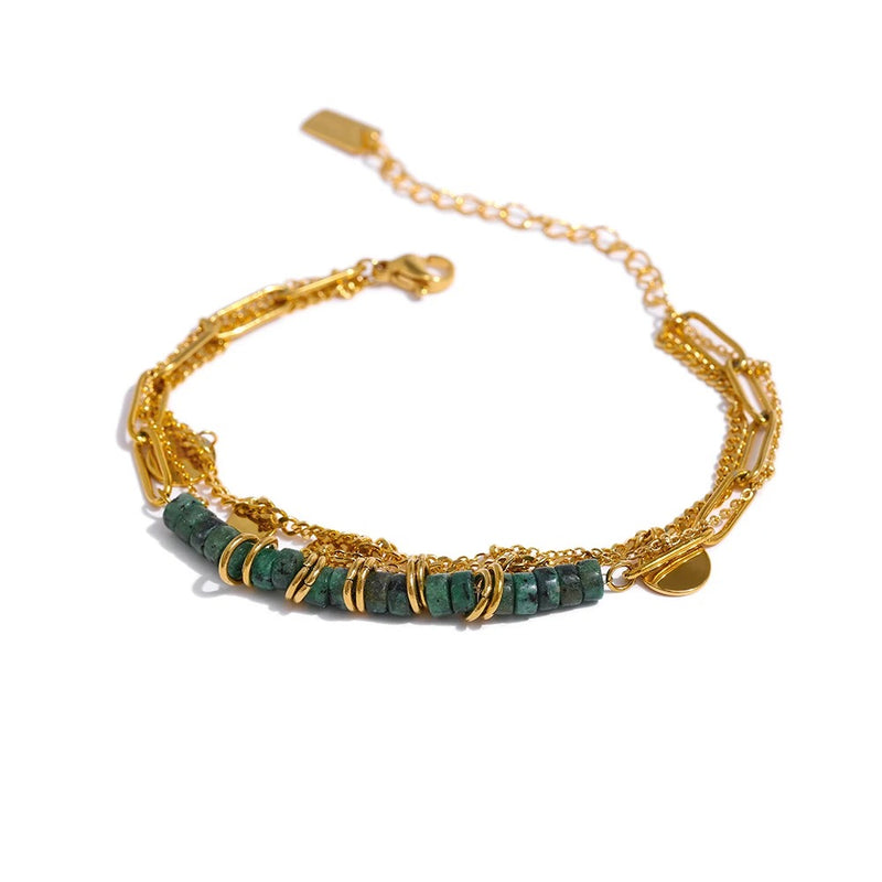 Handcrafted Multi-Layer Stainless Steel Bracelet Bangle with Natural Green Stone
