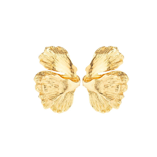 Gold-Colored Geometric Metal Petal Flower Stud Earrings