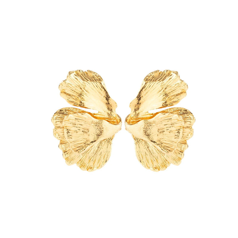 Gold-Colored Geometric Metal Petal Flower Stud Earrings