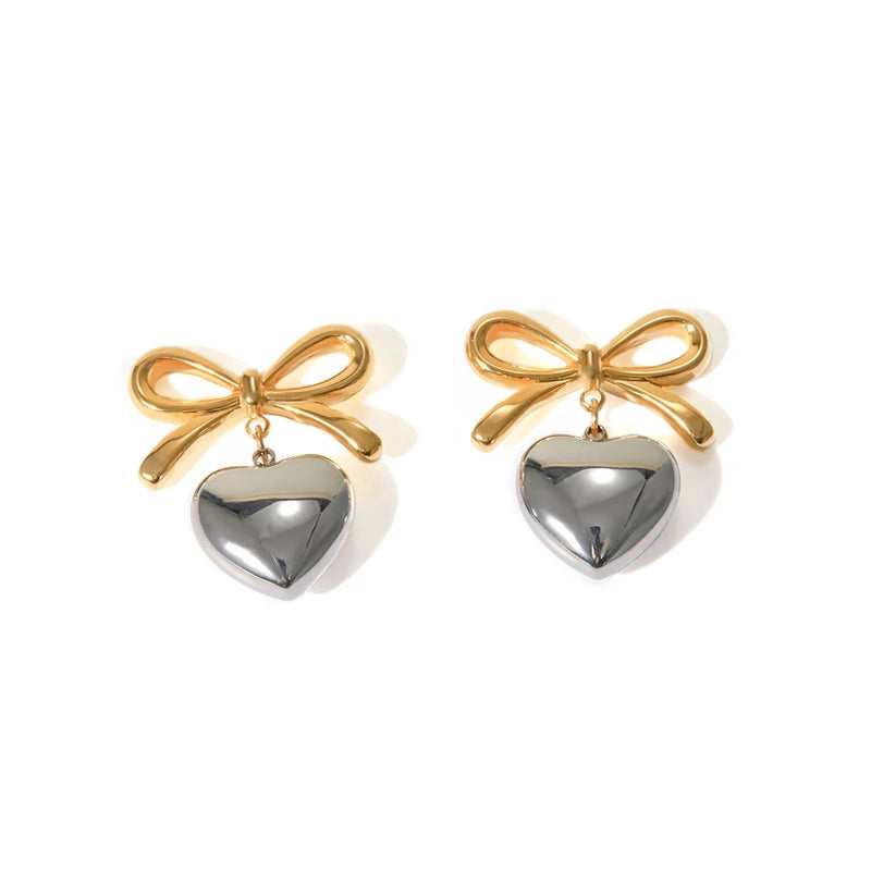 Elegant Bow Heart Pendant Earrings in Waterproof Stainless Steel for Women