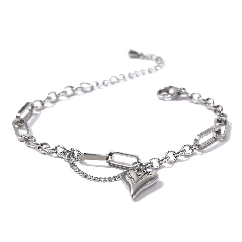 Stylish Charm Jewelry: Double Layered Heart Stainless Steel Bracelet with Metal Texture