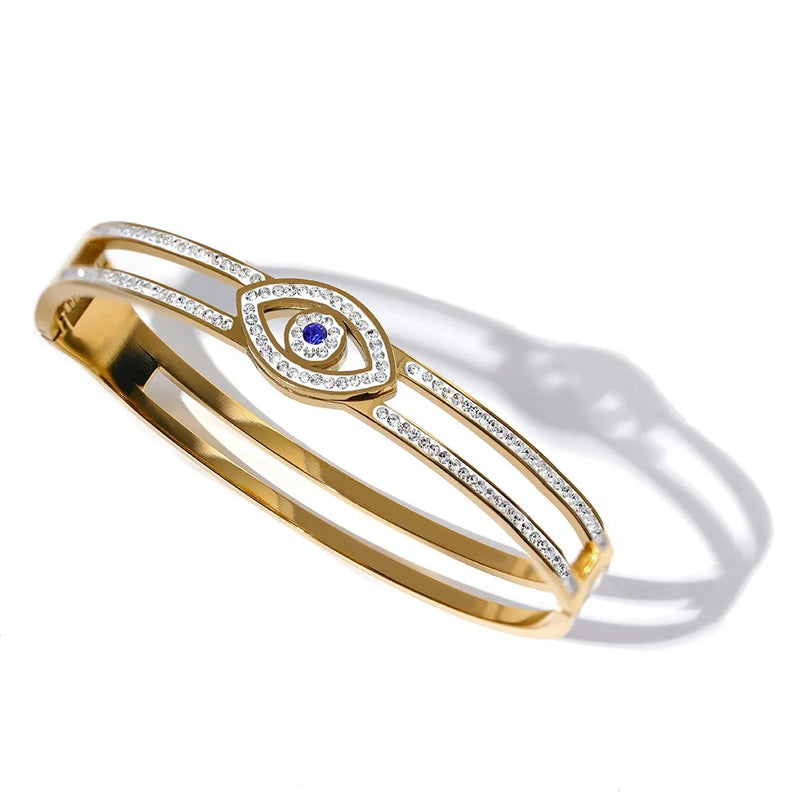 Stainless Steel Fashion Bracelet Bangle with Cubic Zirconia Eye, 18K Gold Plated