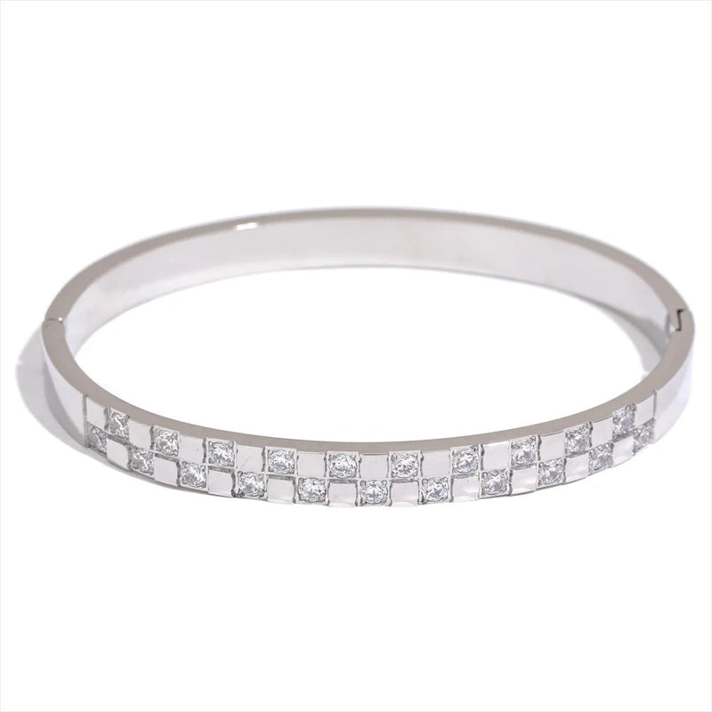 Gleaming Cubic Zirconia Wide Stainless Steel Bracelet Bangle