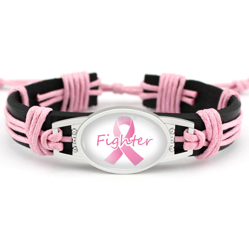 Adjustable Pink Cord Bracelet with Breast Cancer Awareness Ribbon and beads