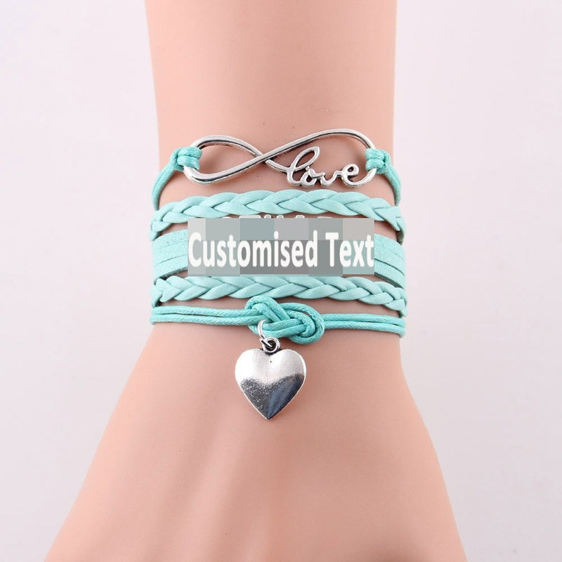 Infinity love heart charm customised text bracelet