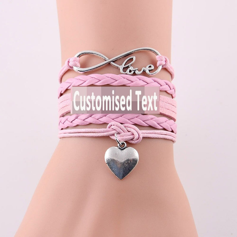 Infinity love heart charm customised text bracelet