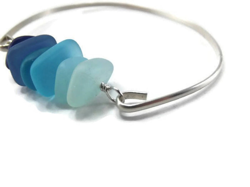 Blue Sea Glass Minimalist Bangle Bracelet