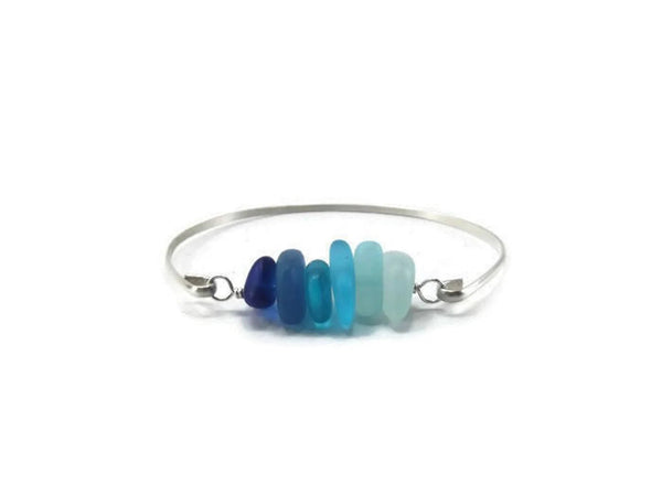 Blue Sea Glass Minimalist Bangle Bracelet