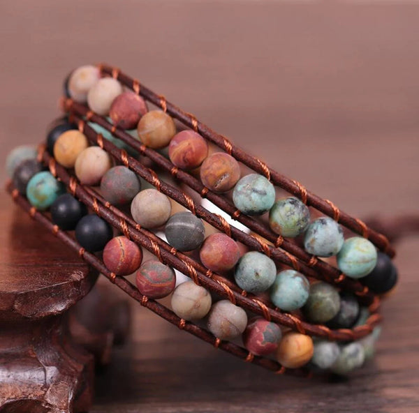 Bead Leather Wrap Bracelet-Jasper Beaded Charm Bracelet