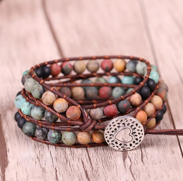 Bead Leather Wrap Bracelet-Jasper Beaded Charm Bracelet