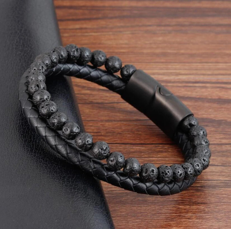 Men's Black Leather Lava Stone Strength Calming Healing Bracelet