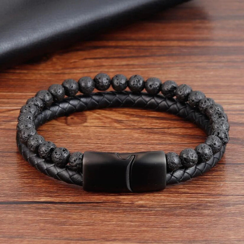 Men's Black Leather Lava Stone Strength Calming Healing Bracelet