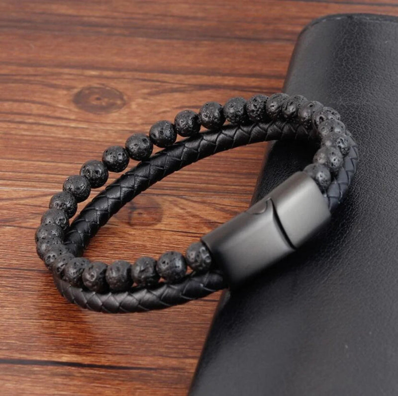 Men's Black Leather Lava Stone Strength Calming Healing Bracelet